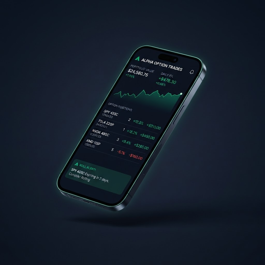 YieldLog mobile app showing tracked option positions, cost-basis decay and a roll alert